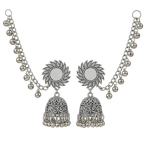 Oxidized Jhumka Earrings with Ear Chain for Women & Girls | Traditional Kaan Chain Earrings