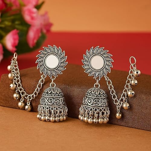 Oxidized Jhumka Earrings with Ear Chain for Women & Girls | Traditional Kaan Chain Earrings