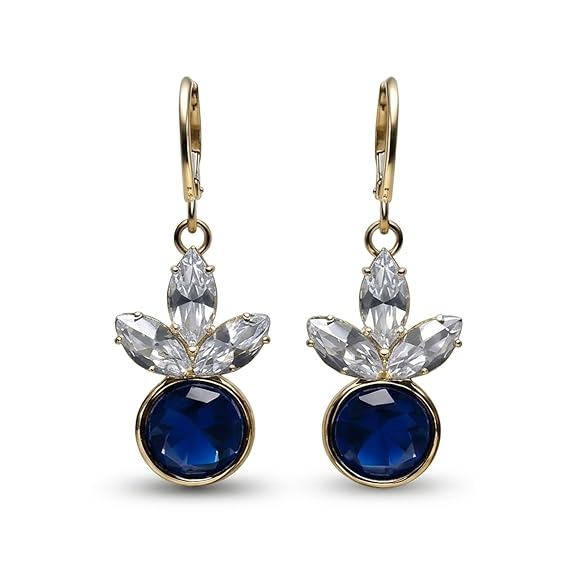 Blue Crystal Drop Earrings for Women and Girls - Silver Tone Floral Marquise Dangle Earrings with Round Sapphire Blue Stones for Weddings, Parties, Festivals, Daily Wear Jewelry Gift