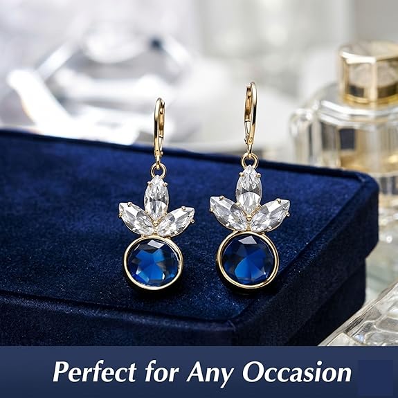 Blue Crystal Drop Earrings for Women and Girls - Silver Tone Floral Marquise Dangle Earrings with Round Sapphire Blue Stones for Weddings, Parties, Festivals, Daily Wear Jewelry Gift