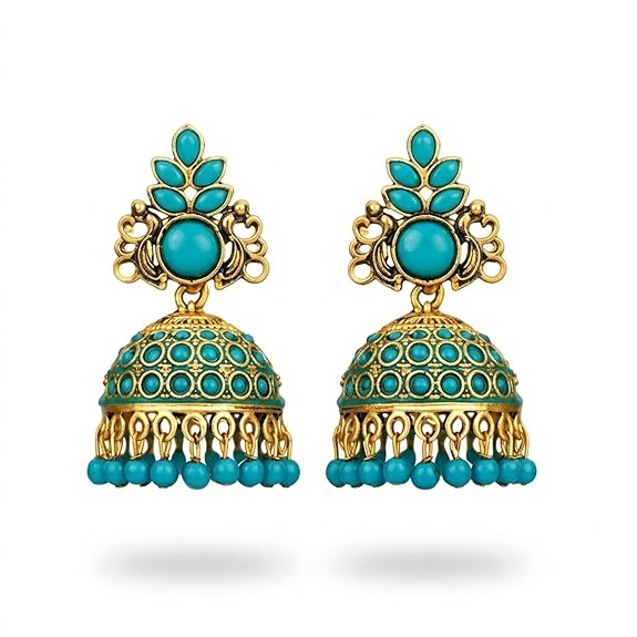 Jhumka Earrings for Women Traditional Cubic Zirconia & Pearl Gold Plated Jhumkas Girls fashion Drop Earrings For Women South Indian Ear Rings Blue Stone Jhumka Earrings Party, Wedding, occasion wear
