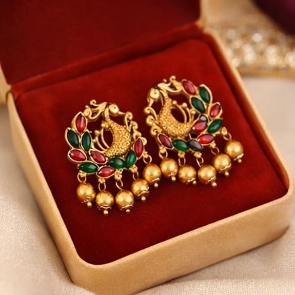 Traditional South Indian Gold Plated Peacock Stud Earrings for Women and Girls - Ethnic Kemp Stone Style Jewelry with Green and Pink Stones for Weddings, Festive & Casual Wear