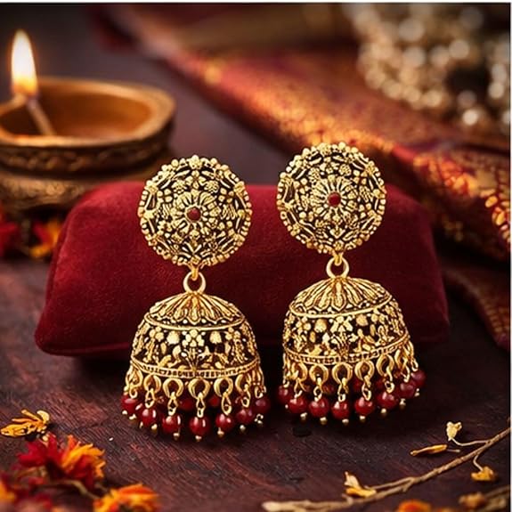 Earrings for Women Stylish Jhumka, Traditional Gold Plated Jhumka, South Indian Style Jhumki Earrings for Girls, Ethnic Design Brown Stone Jhumkas Wedding Party Ear Rings Fashion Jewellery