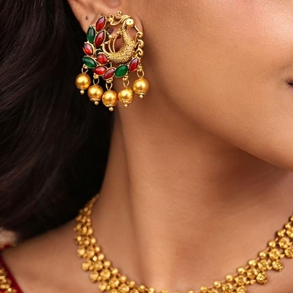 Traditional South Indian Gold Plated Peacock Stud Earrings for Women and Girls - Ethnic Kemp Stone Style Jewelry with Green and Pink Stones for Weddings, Festive & Casual Wear