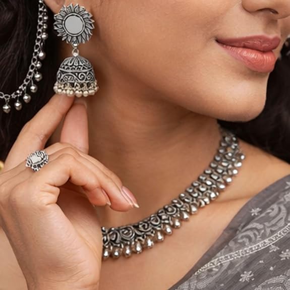 Oxidized Jhumka Earrings with Ear Chain for Women & Girls | Traditional Kaan Chain Earrings