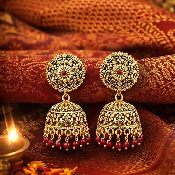 Earrings for Women Stylish Jhumka, Traditional Gold Plated Jhumka, South Indian Style Jhumki Earrings for Girls, Ethnic Design Brown Stone Jhumkas Wedding Party Ear Rings Fashion Jewellery