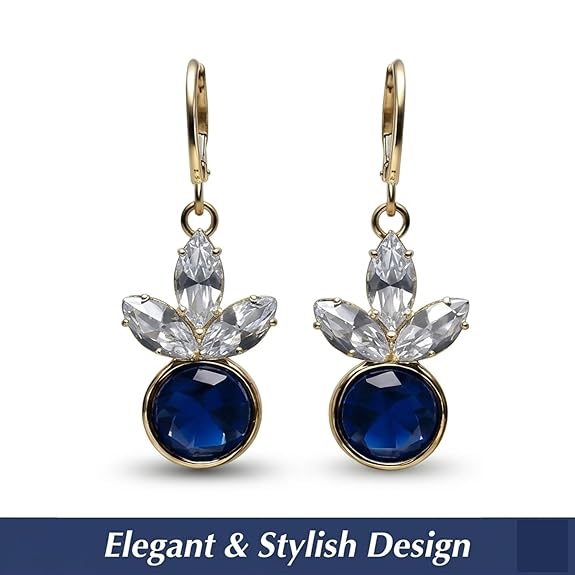 Blue Crystal Drop Earrings for Women and Girls - Silver Tone Floral Marquise Dangle Earrings with Round Sapphire Blue Stones for Weddings, Parties, Festivals, Daily Wear Jewelry Gift