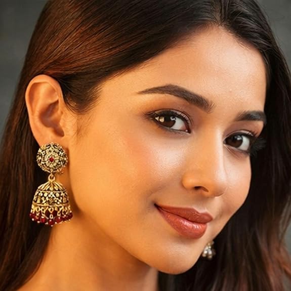 Earrings for Women Stylish Jhumka, Traditional Gold Plated Jhumka, South Indian Style Jhumki Earrings for Girls, Ethnic Design Brown Stone Jhumkas Wedding Party Ear Rings Fashion Jewellery