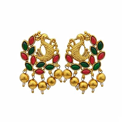 Traditional South Indian Gold Plated Peacock Stud Earrings for Women and Girls - Ethnic Kemp Stone Style Jewelry with Green and Pink Stones for Weddings, Festive & Casual Wear