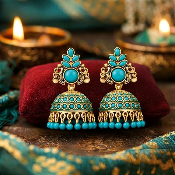 Jhumka Earrings for Women Traditional Cubic Zirconia & Pearl Gold Plated Jhumkas Girls fashion Drop Earrings For Women South Indian Ear Rings Blue Stone Jhumka Earrings Party, Wedding, occasion wear