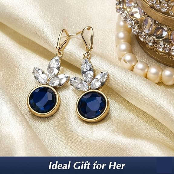 Blue Crystal Drop Earrings for Women and Girls - Silver Tone Floral Marquise Dangle Earrings with Round Sapphire Blue Stones for Weddings, Parties, Festivals, Daily Wear Jewelry Gift