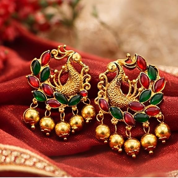 Traditional South Indian Gold Plated Peacock Stud Earrings for Women and Girls - Ethnic Kemp Stone Style Jewelry with Green and Pink Stones for Weddings, Festive & Casual Wear