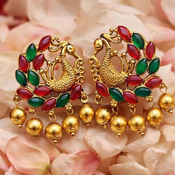 Traditional South Indian Gold Plated Peacock Stud Earrings for Women and Girls - Ethnic Kemp Stone Style Jewelry with Green and Pink Stones for Weddings, Festive & Casual Wear
