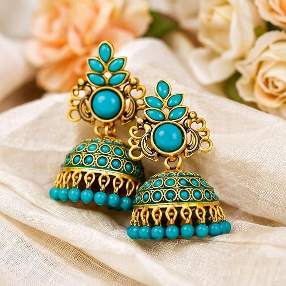 Jhumka Earrings for Women Traditional Cubic Zirconia & Pearl Gold Plated Jhumkas Girls fashion Drop Earrings For Women South Indian Ear Rings Blue Stone Jhumka Earrings Party, Wedding, occasion wear