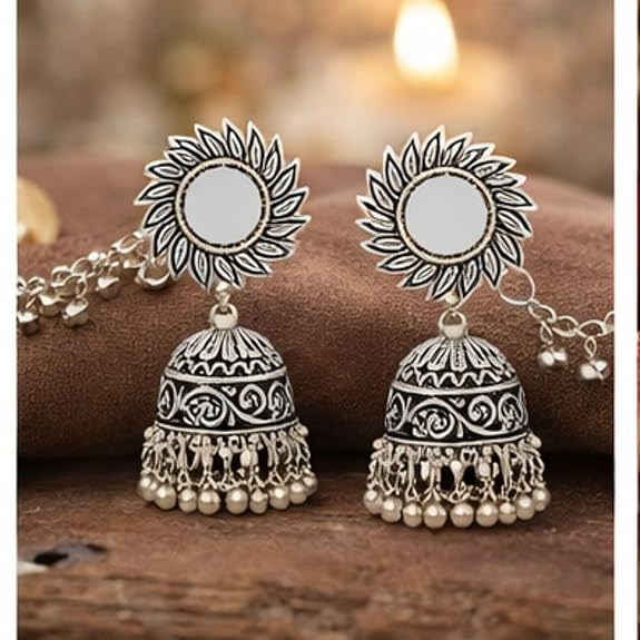 Oxidized Jhumka Earrings with Ear Chain for Women & Girls | Traditional Kaan Chain Earrings