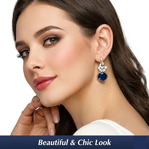 Blue Crystal Drop Earrings for Women and Girls - Silver Tone Floral Marquise Dangle Earrings with Round Sapphire Blue Stones for Weddings, Parties, Festivals, Daily Wear Jewelry Gift